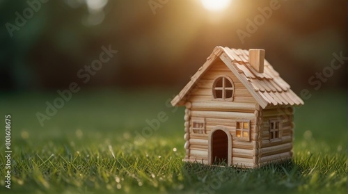Wooden home friendly on grass. Wooden toy house in green grass banner copyspace. House in forest with greenery around  modern energy efficiency construction