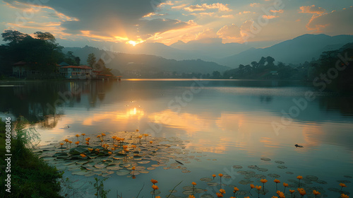 A photo featuring a tranquil lake in the golden light of sunset. Highlighting the reflection of the vibrant sky on the calm surface of the water, while surrounded by lush greenery