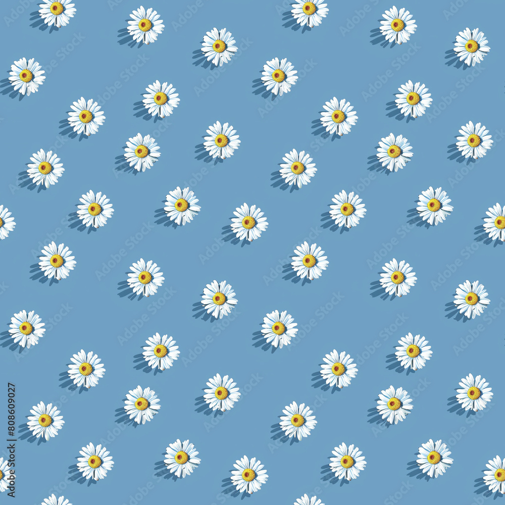 A design featuring a repetitive pattern of vector-drawn daisy tops viewed from above, set against a serene blue background.