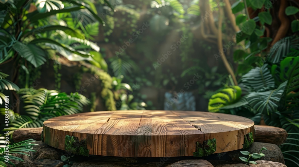 Fototapeta premium The lush green foliage of the jungle surrounds a wooden platform, creating a natural and exotic backdrop for any product or event.