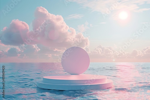  peaceful quiet landscape, pink and lilac palette colors, with circular podium , dreamy surreal concept land