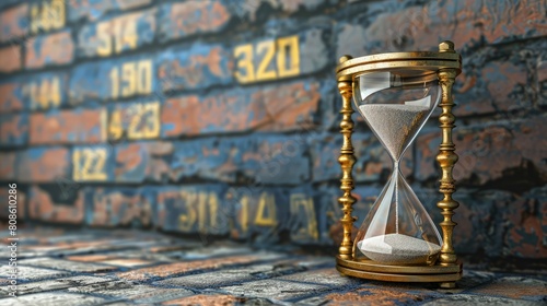 A realistic depiction of an hourglass with sand, isolated against a textured brick wall background. 