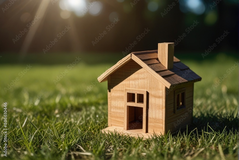 Wooden home friendly on grass. Wooden toy house in green grass banner copyspace. House in forest with greenery around, modern energy efficiency construction Wooden home friendly on grass. Wooden toy house in green grass banner copyspace. House in forest with greenery around, modern energy efficiency construction