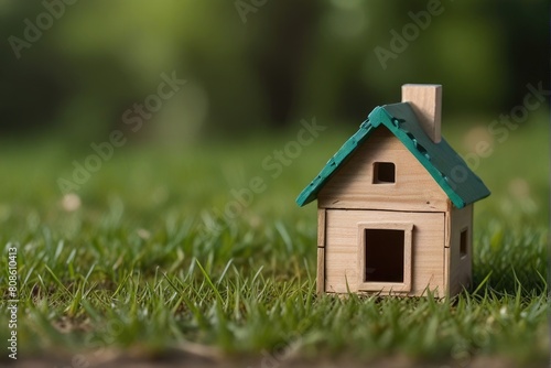 Wooden home friendly on grass. Wooden toy house in green grass banner copyspace. House in forest with greenery around, modern energy efficiency construction