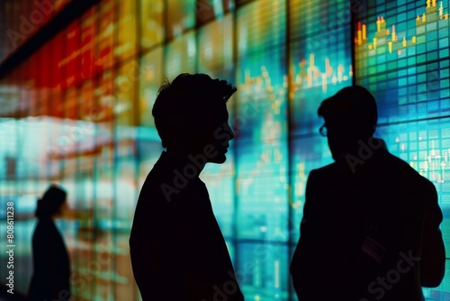 Silhouettes of two men standing in front of a digital wall displaying stock information data analysis