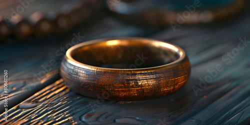 Gold ring with a pattern on wooden table, Stylish Gold Ring with Elaborate Design in Shadowed Background