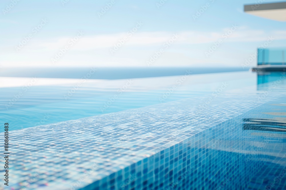 Modern infinity pool with blue tiles seamlessly merging with the ocean in the background