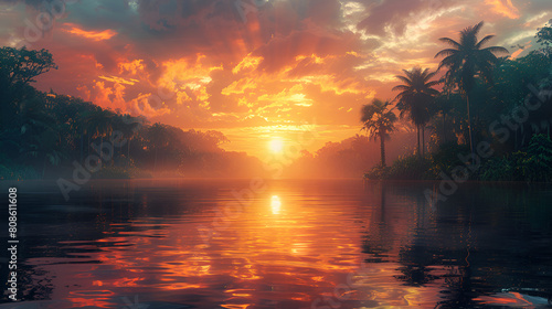 Morning Serenity Dawn in the Amazon Rainforest,
A sunset with palm trees and a river in the foreground
 photo