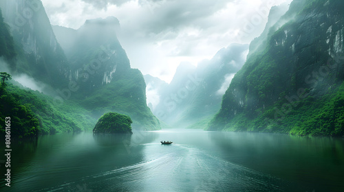 Boat cruising along river in mountainous landscape photo