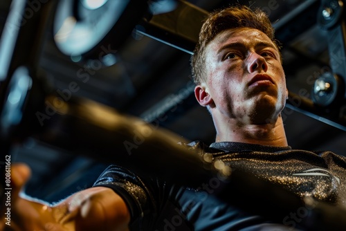 A dynamic shot of a male athlete concentrating on lifting weights in a gym environment