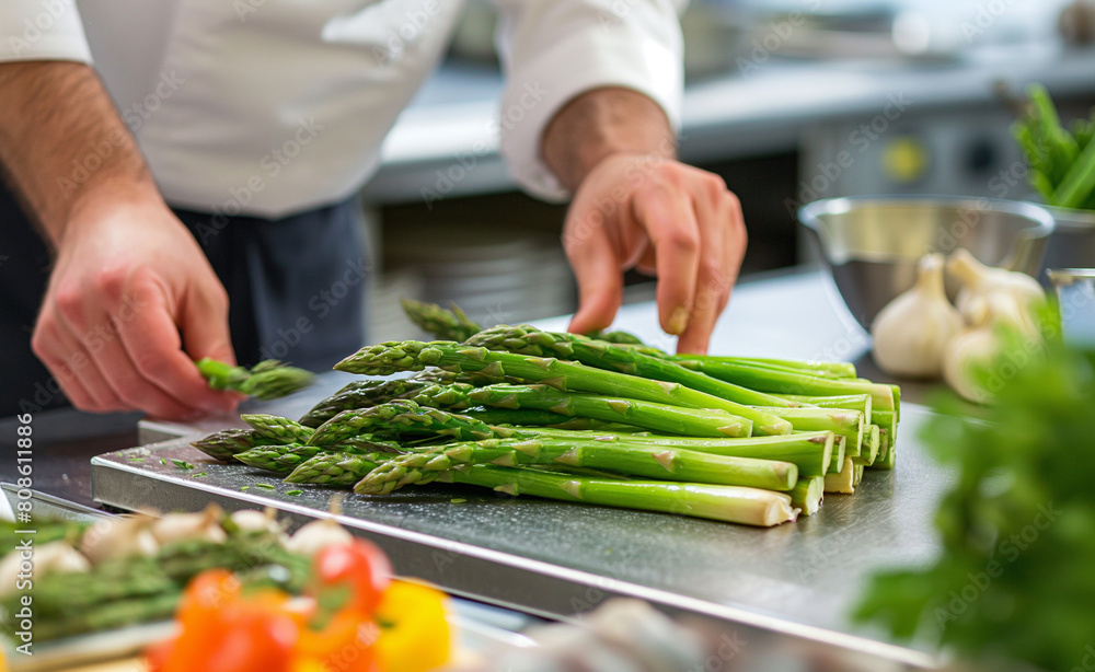 Gourmet Asparagus Preparation in a Professional Kitchen