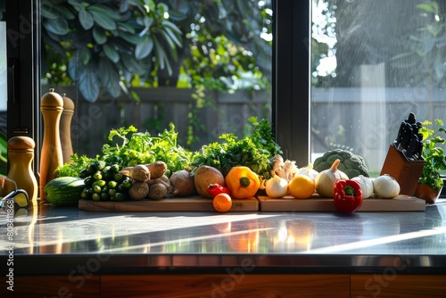 Various fresh vegetables neatly arranged on a modern kitchen counter under bright lighting