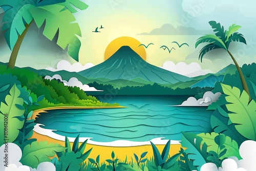 Paper cutout view of the Nicoya Peninsula at sunset, Costa Rica - AI Generated photo