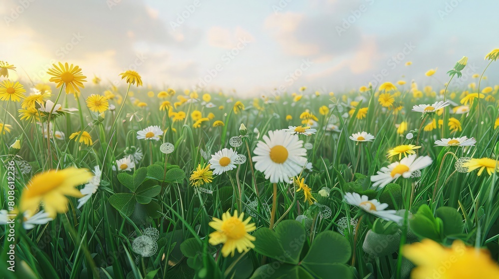 A picturesque meadow blanketed with vibrant dandelions, their delicate yellow petals swaying gently in the breeze.