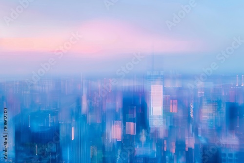 A blurred cityscape photograph at dusk  featuring towering skyscrapers against a background of blue and pink hues