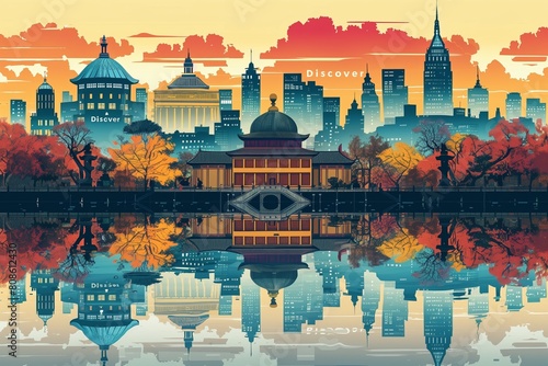 A serene vector illustration, mirroring a blend of global architectural marvels against a tranquil waterbody. AI Generated