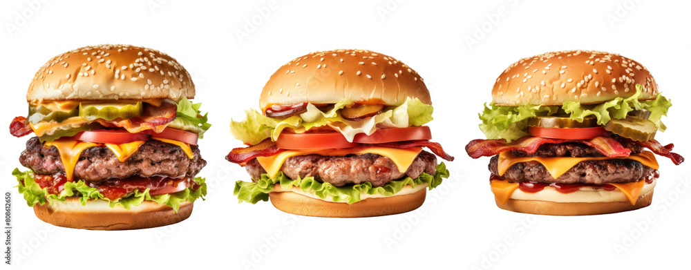 Three burgers in a row, each with a different topping. Three burgers in a row, each with a different topping.
