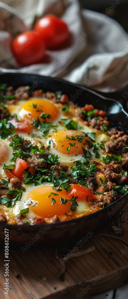 A plate of eggs and meat with parsley on top A plate of eggs and meat with parsley on top
