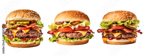 Three burgers in a row, each with a different topping.