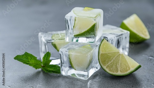 Summer ice cubes with lemon in background  photo