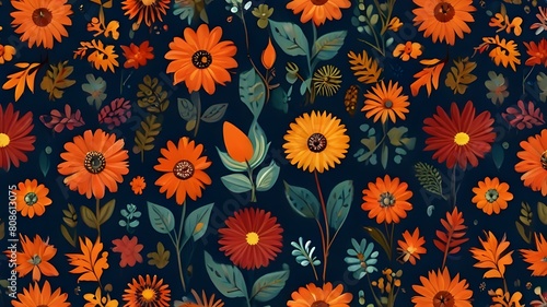 Wallpaper Pattern Autumn Flowers Simple Illustration Generative AI 