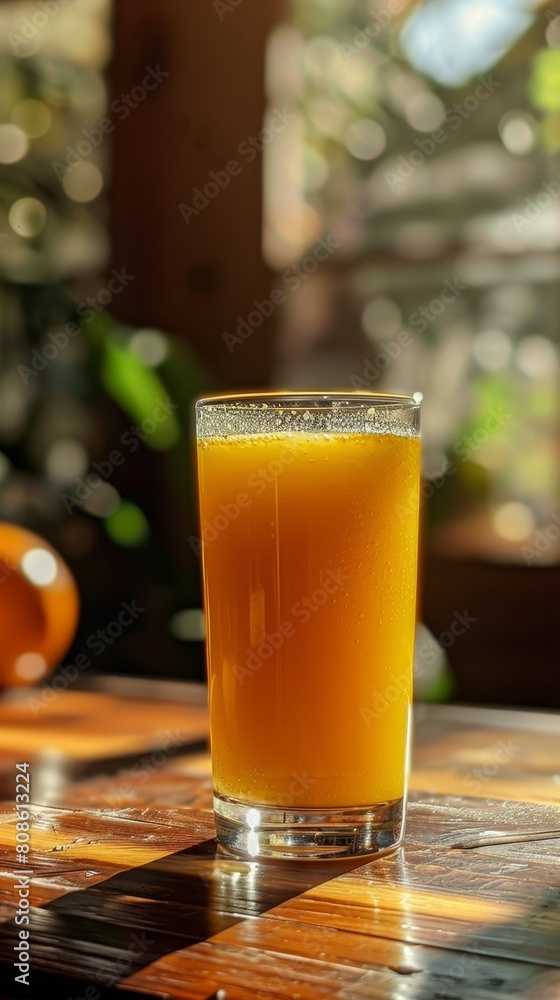 A glass of orange juice sits on a wooden table A glass of orange juice sits on a wooden table