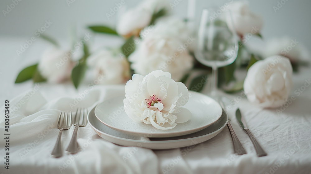 An elegant dining scene with white peonies as the centerpiece, creating an atmosphere of refinement and tranquility. An elegant dining scene with white peonies as the centerpiece, creating an atmosphere of refinement and tranquility.