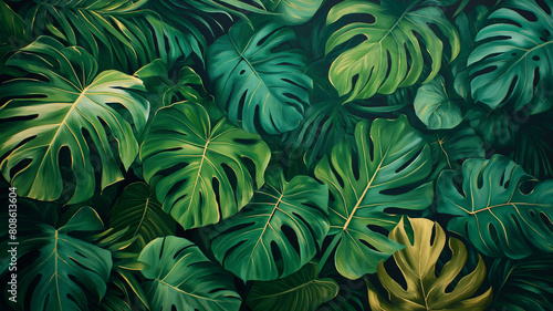 A painting of a lush green jungle with large leaves