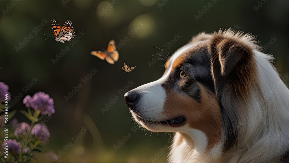 Close Up of Australian Shepherd dog surrounded by a butterfly Close Up of Australian Shepherd dog surrounded by a butterfly