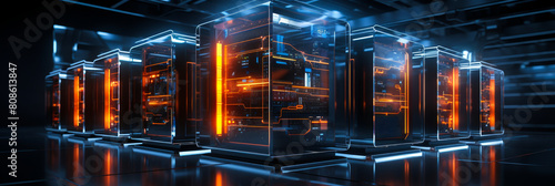 Futuristic Network Operations Center with Advanced Data Servers and High-Tech Infrastructure Illuminated in Blue and Orange