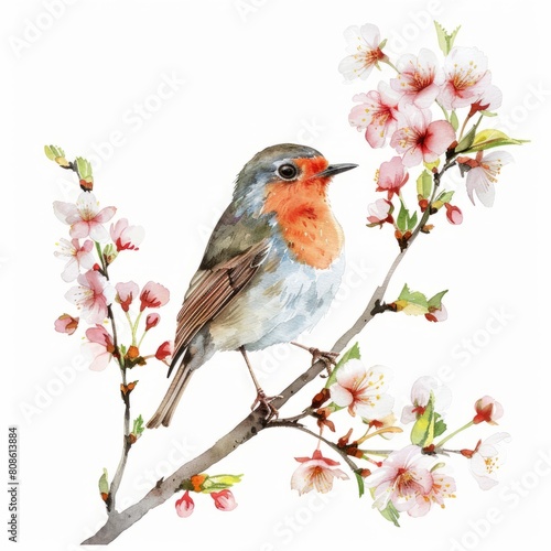  Watercolor painting of a charming robin perched on a blossoming cherry tree branch, on isolated white background, Generative AI