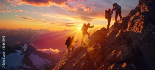 Mountaineer partners helping each other to the summit of a snow capped mountain. Teamwork Concept photo