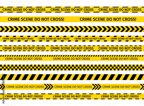 Do not cross yellow ribbon. Crime scene tape. Police warning barrier tapes for criminal accident places. Set of caution crime scene bands. Vector illustration. Seamless striped boundary lines