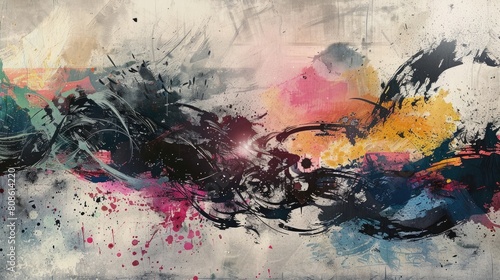 A calligraphic abstraction with a watercolor and ink design background