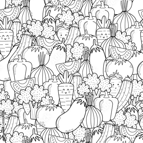 Fresh vegetables black and white seamless pattern. Doodle coloring page with healthy food. Outline print with eggplant, broccoli, tomato, etc. Vector illustration