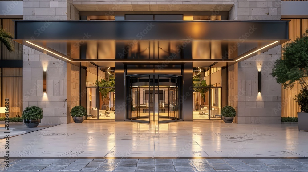 Front side of a luxury apartment with golden lights illuminating a sleek white facade against a twilight teal sky, with lush greenery and a paved driveway. Front side of a luxury apartment with golden lights illuminating a sleek white facade against a twilight teal sky, with lush greenery and a paved driveway.