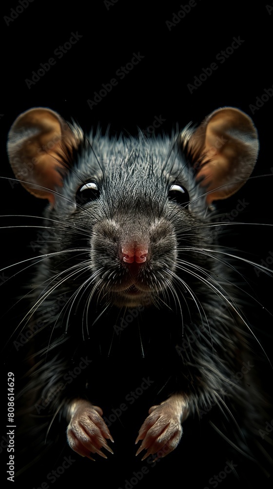 A black rat with its head raised and looking at the camera A black rat with its head raised and looking at the camera