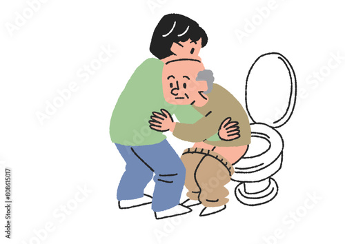高齢男性のトイレの介助をする男性のイラスト
