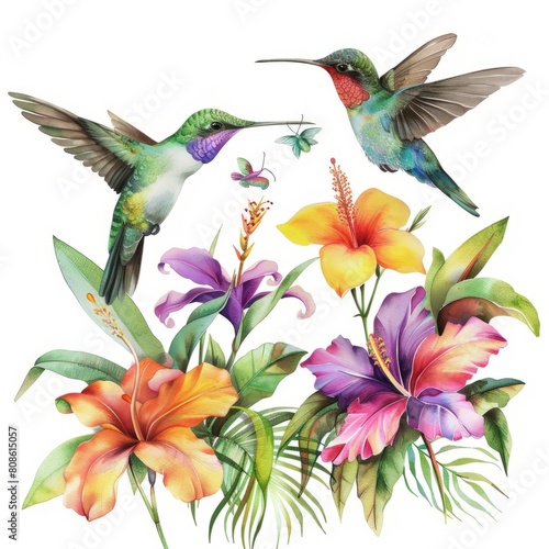 Watercolor painting of a group of colorful hummingbirds flitting among tropical flowers, on isolated white background, Generative AI © kiyut