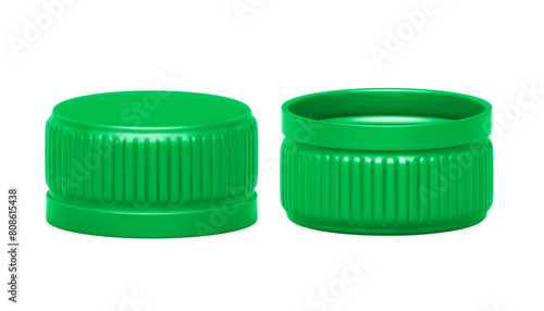 Green plastic bottle caps isolated on white background