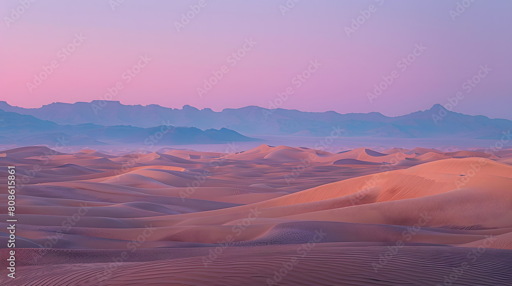 Naklejka premium A photo featuring a serene desert landscape at dawn. Highlighting the shifting sand dunes under the soft glow of morning light, while surrounded by distant mountains