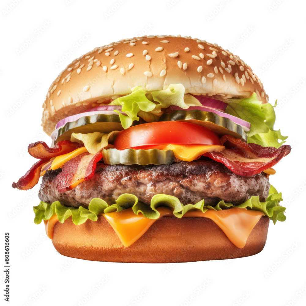 A delicious cheeseburger with lettuce, tomato, onion, and pickles. A delicious cheeseburger with lettuce, tomato, onion, and pickles.