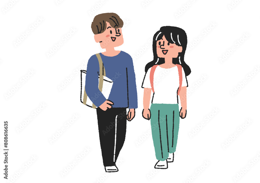 Φωτογραφία 二人並んで歩いている学生のイラスト　コミカルな手書きの人物　ベクター、線画にカラー