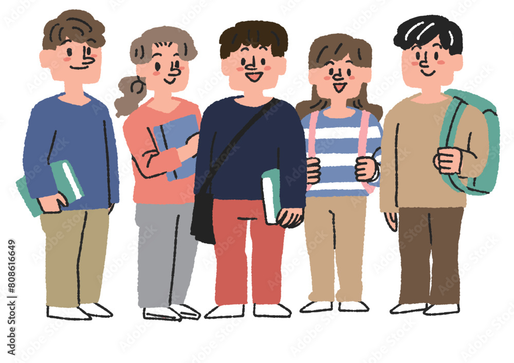 Φωτογραφία 5人並んで立っている学生たちのイラスト　コミカルな手書きの人物　ベクター、線画にカラー