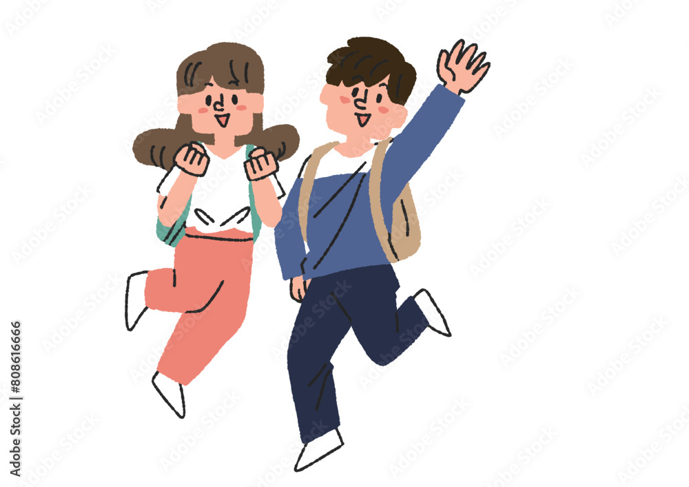 Φωτογραφία ジャンプしている二人の学生のイラスト　コミカルな手書きの人物　ベクター、線画にカラー