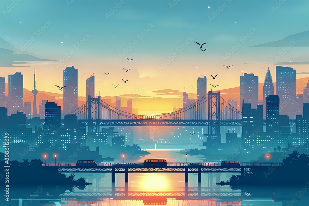 Naklejka premium Serene Cityscape: Minimalistic Urban Illustration with Geometric Precision