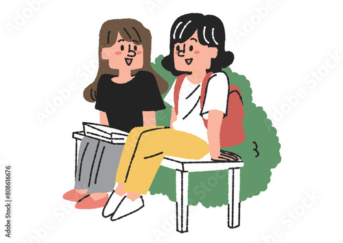 交流している学生たちのイラスト　コミカルな手書きの人物　ベクター、線画にカラー