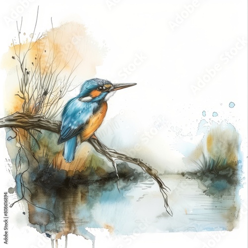 Watercolor painting of a whimsical kingfisher perched on a branch overlooking a tranquil river, on isolated white background, Generative AI