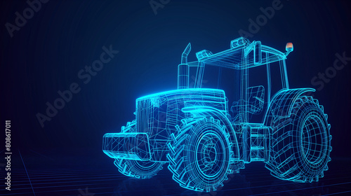 Farm tractor in a blueprint wireframe style. IoT technology in agricultural.