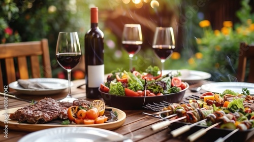 Inviting garden barbecue scene with a feast of grilled meats, colorful vegetables, and red wine